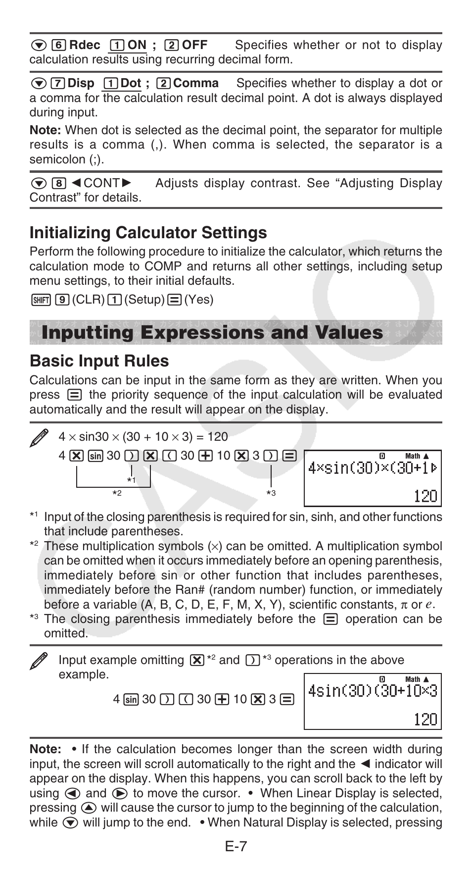 Inputting expressions and values, Initializing calculator settings, Basic input rules | Casio fx-115ES PLUS User Manual | Page 8 / 59