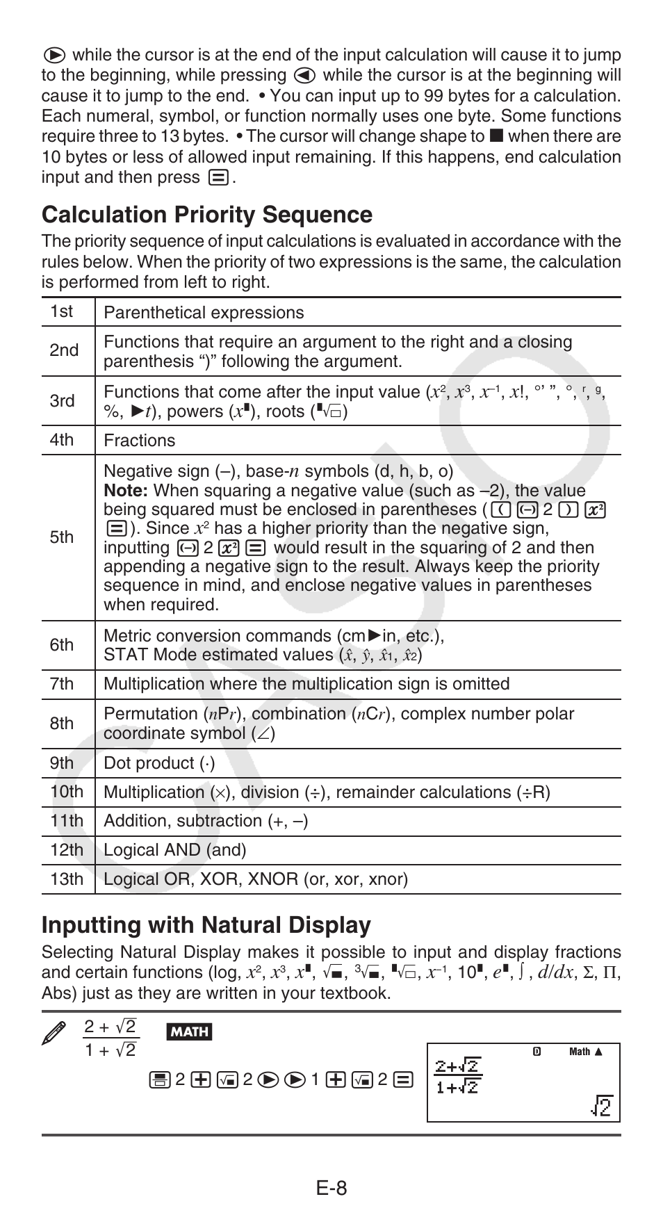 Calculation priority sequence, Inputting with natural display, D/dx | Casio fx-115ES PLUS User Manual | Page 9 / 59