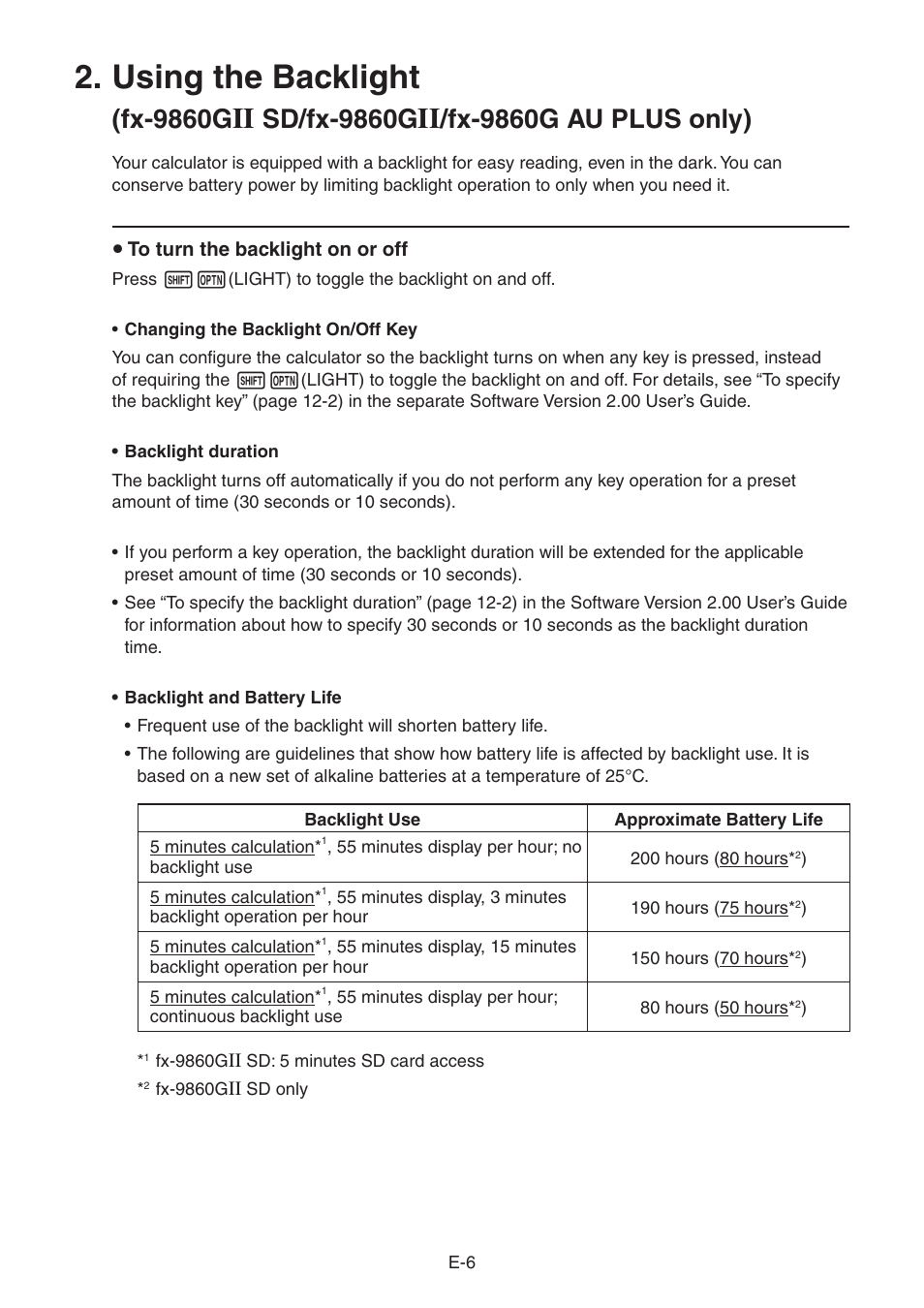 Using the backlight, Fx-9860g, Sd/fx-9860g | Fx-9860g au plus only) | Casio FX-9750GII User Manual | Page 10 / 17