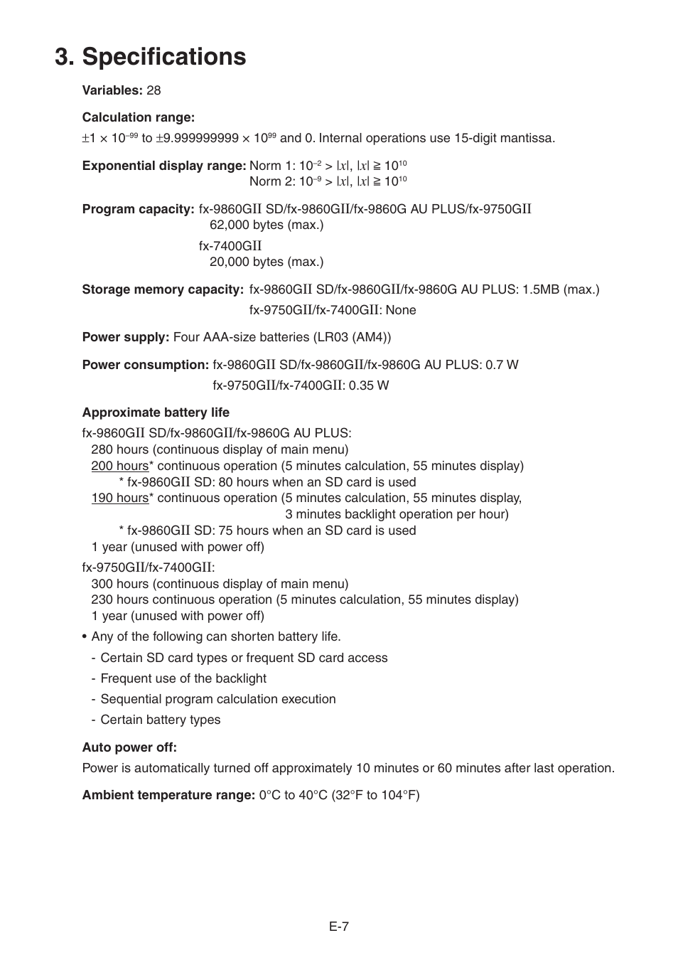 Specifications | Casio FX-9750GII User Manual | Page 11 / 17