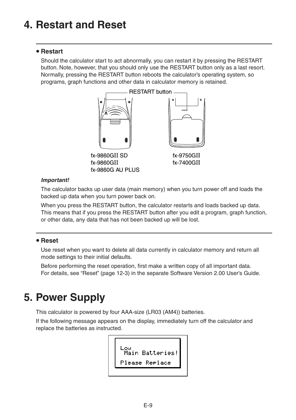 Restart and reset, Power supply | Casio FX-9750GII User Manual | Page 13 / 17