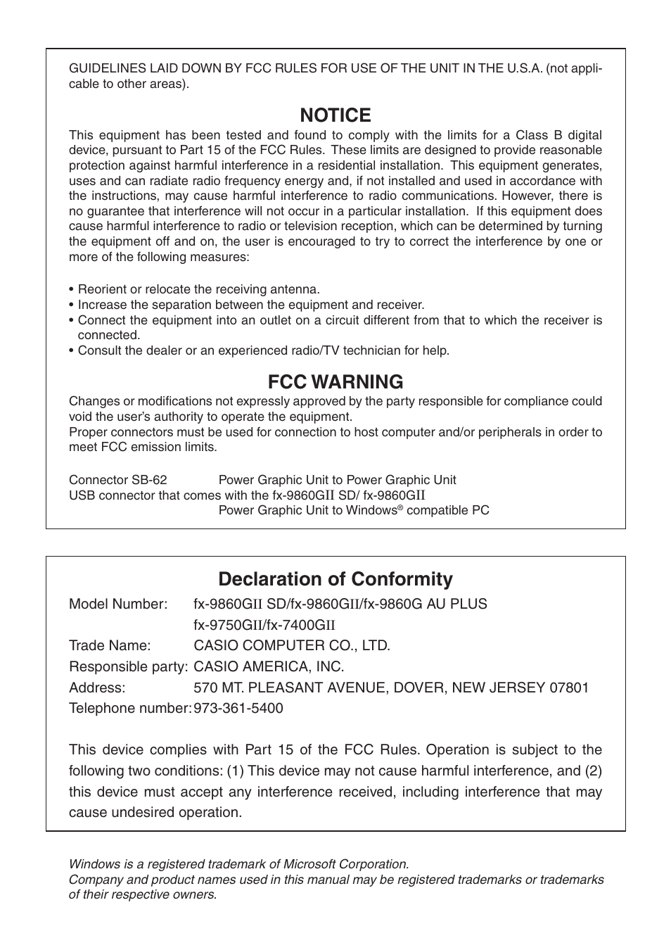 Notice, Fcc warning, Declaration of conformity | Casio FX-9750GII User Manual | Page 2 / 17