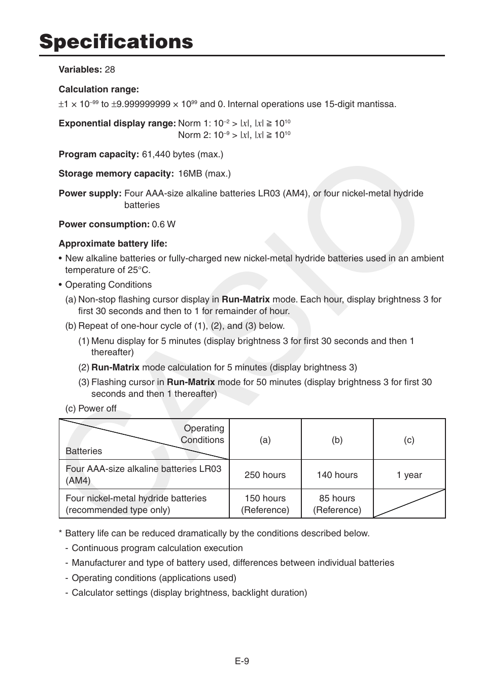 Specifications, Casio | Casio FX-CG10 User Manual | Page 11 / 18