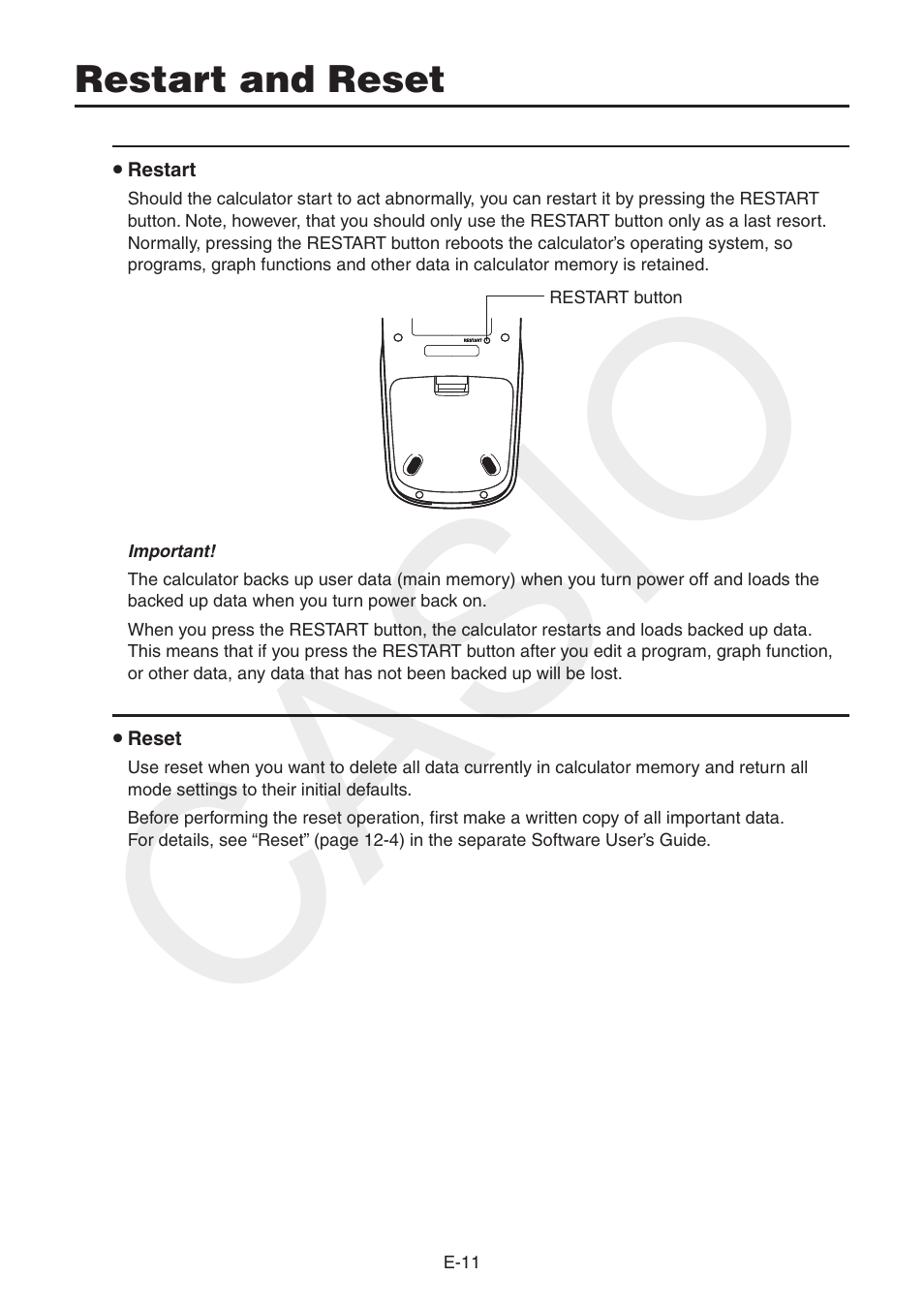 Restart and reset, Casio | Casio FX-CG10 User Manual | Page 13 / 18