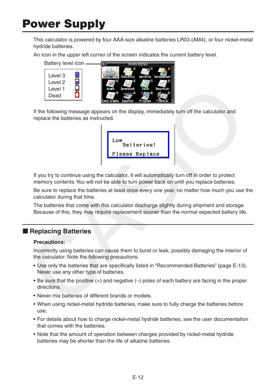 Power supply, Casio | Casio FX-CG10 User Manual | Page 14 / 18