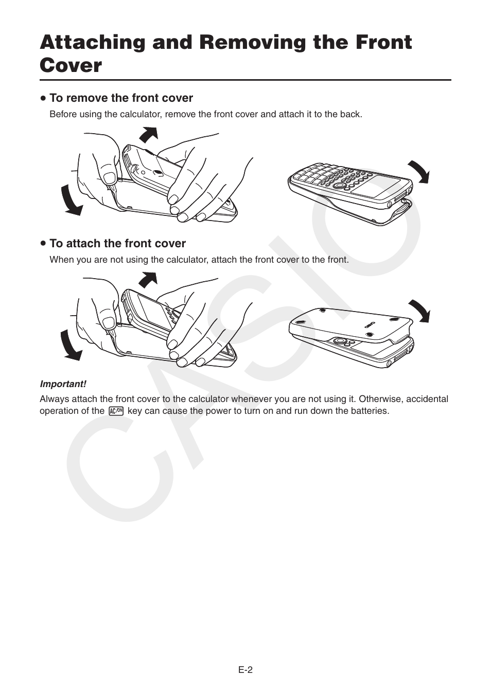 Attaching and removing the front cover, Casio | Casio FX-CG10 User Manual | Page 4 / 18