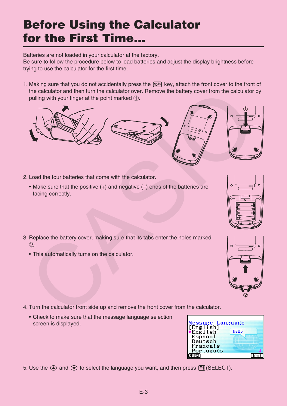 Before using the calculator for the first time, Casio | Casio FX-CG10 User Manual | Page 5 / 18