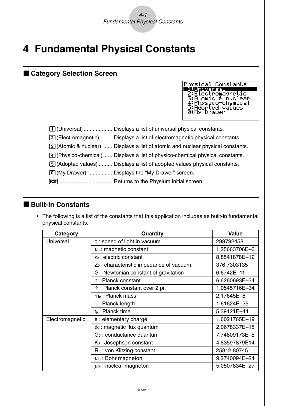 4 fundamental physical constants, Fundamental physical constants, Kk category selection screen | Kk built-in constants | Casio fx-9860G Physium User Manual | Page 11 / 20