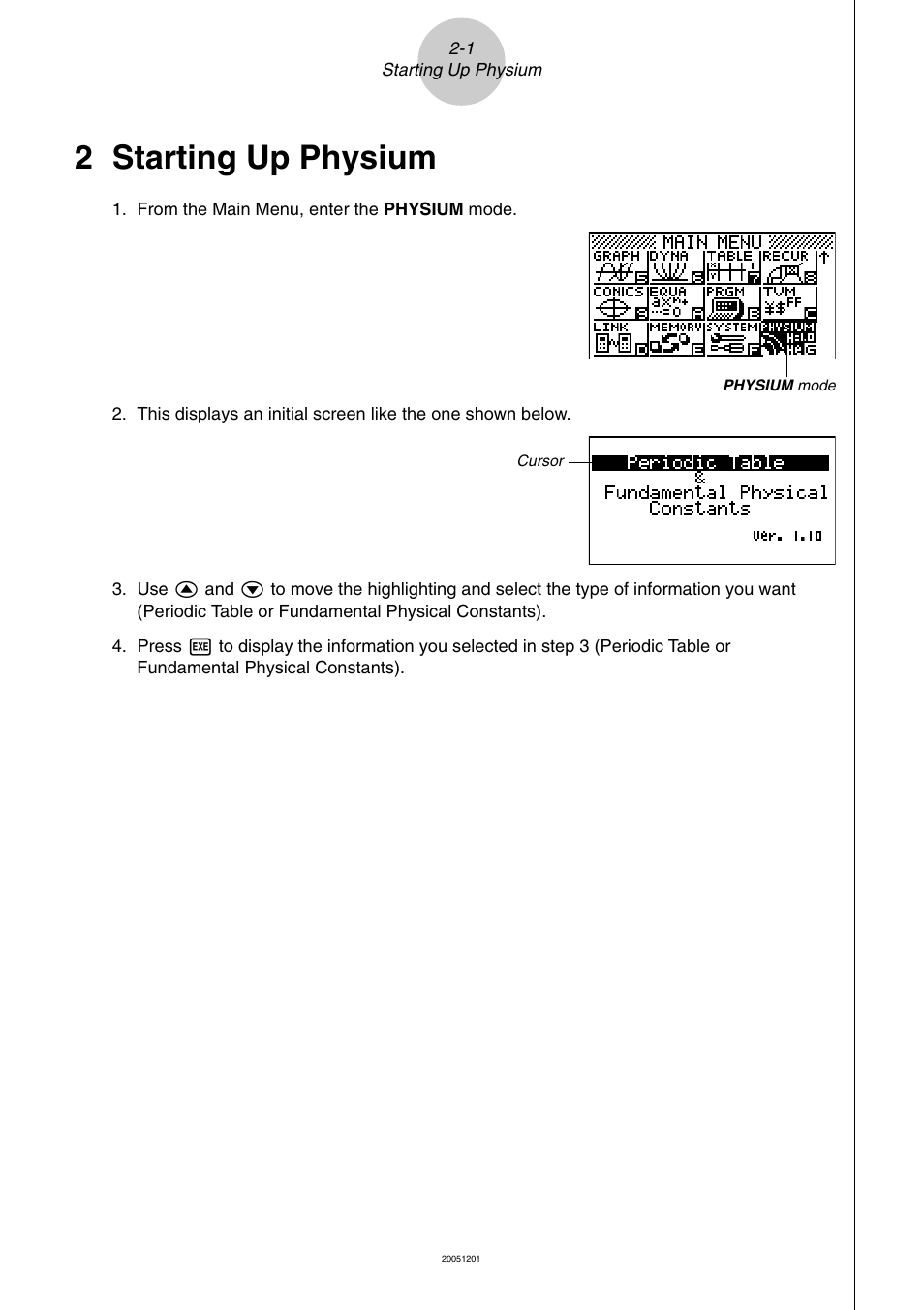 2 starting up physium, Starting up physium | Casio fx-9860G Physium User Manual | Page 4 / 20
