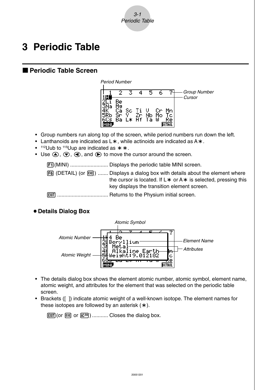 3 periodic table, Periodic table, Kk periodic table screen | Casio fx-9860G Physium User Manual | Page 5 / 20