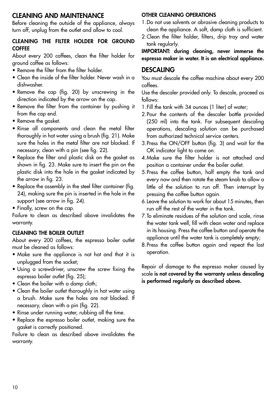 Cleaning and maintenance, Descaling | DeLonghi EC-702 User Manual | Page 10 / 13