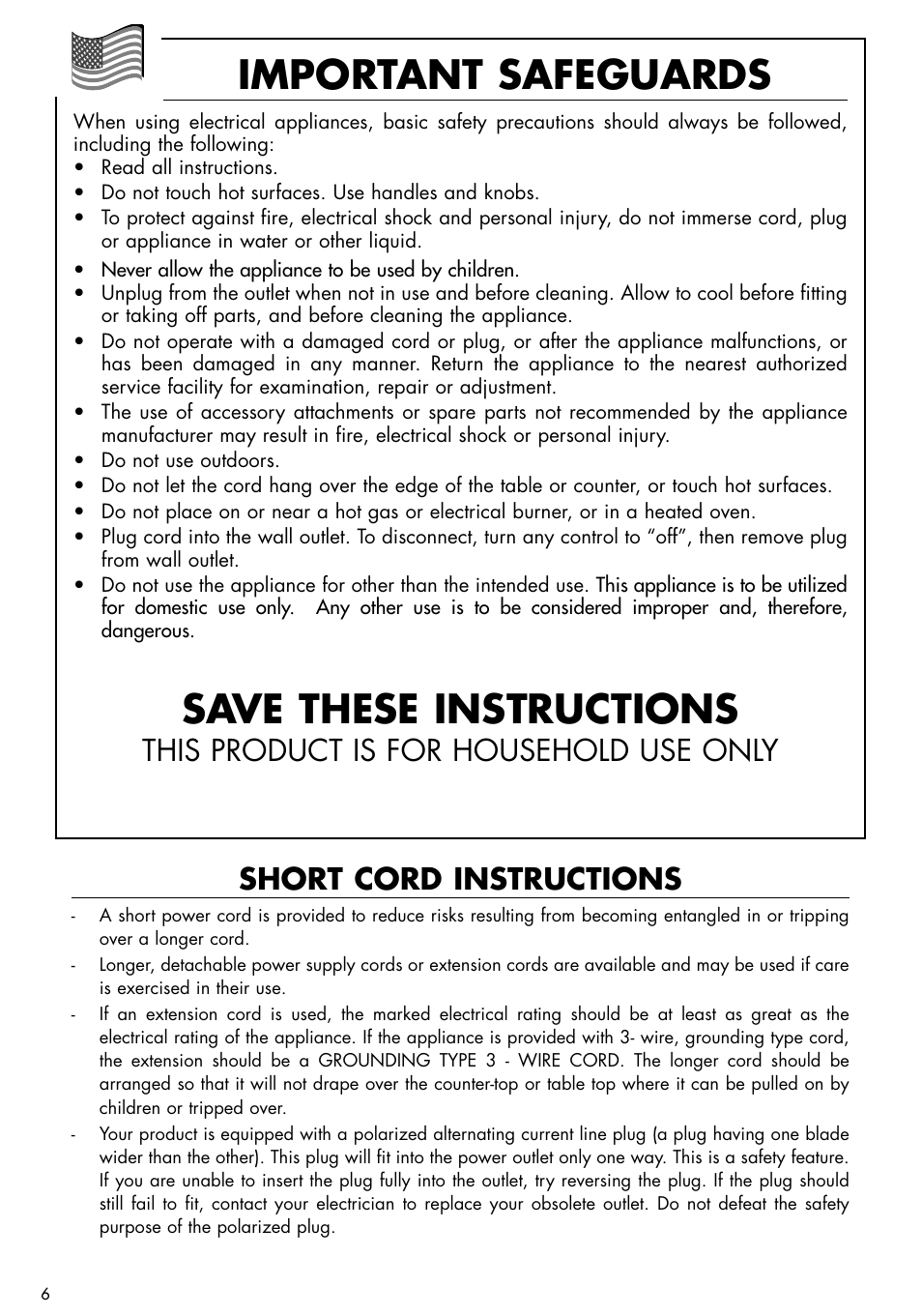Important safeguards, Save these instructions, Short cord instructions | This product is for household use only | DeLonghi EC-702 User Manual | Page 6 / 13