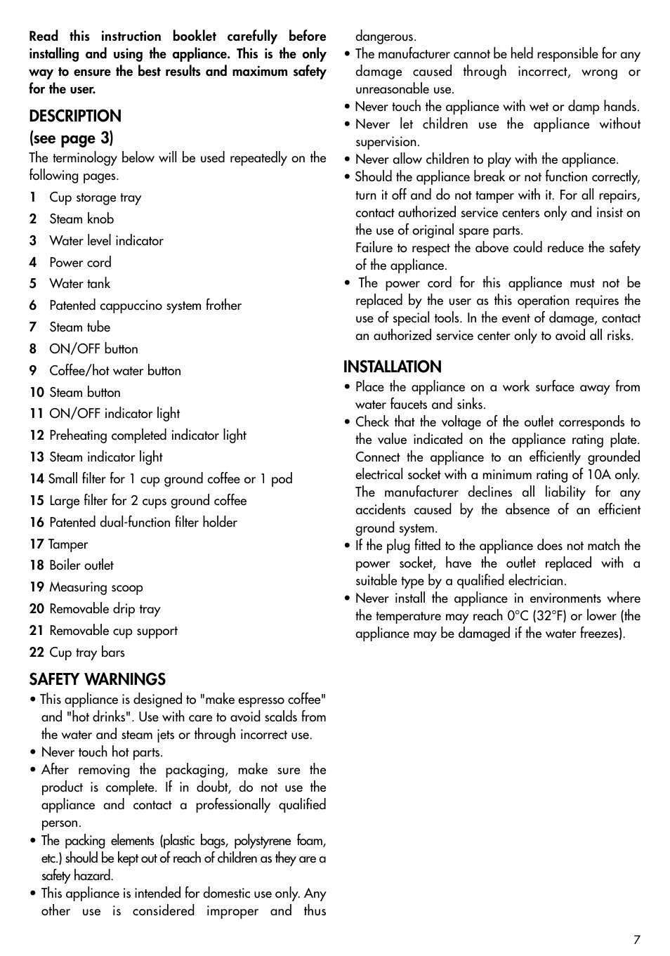 Description (see page 3), Safety warnings, Installation | DeLonghi EC-702 User Manual | Page 7 / 13