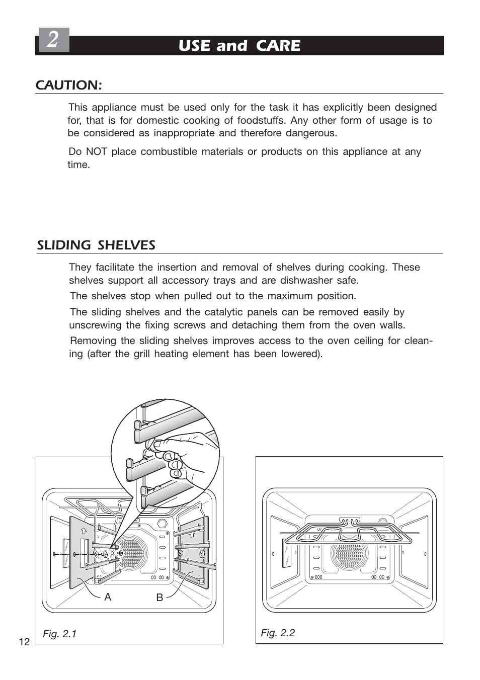 Use and care, Caution, Sliding shelves | DeLonghi EMFPS 60 B User Manual | Page 12 / 44