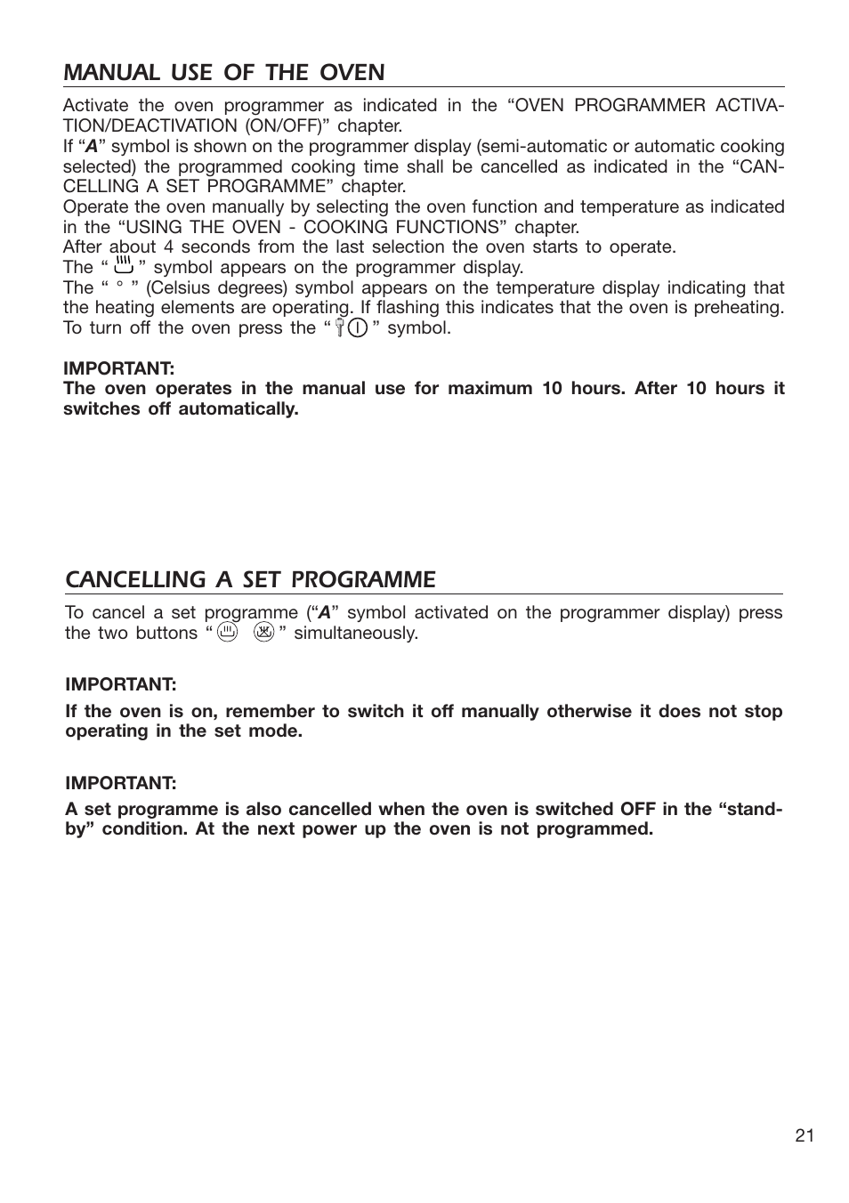 Manual use of the oven, Cancelling a set programme | DeLonghi EMFPS 60 B User Manual | Page 21 / 44