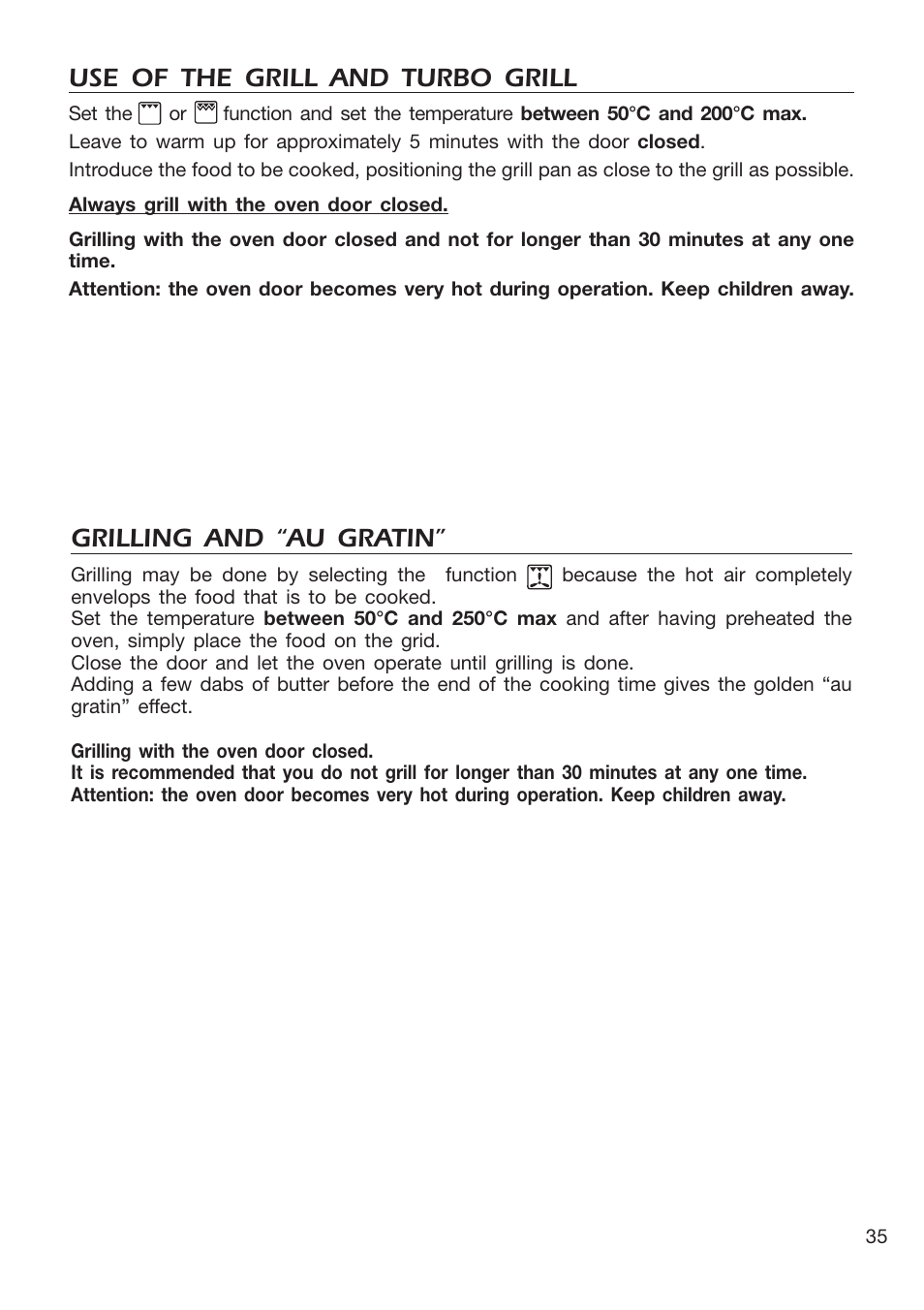 Use of the grill and turbo grill, Grilling and “au gratin | DeLonghi EMFPS 60 B User Manual | Page 35 / 44