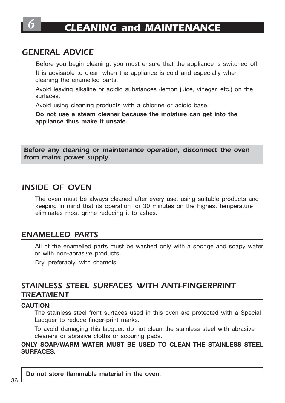 Cleaning and maintenance, Inside of oven, General advice | Enamelled parts | DeLonghi EMFPS 60 B User Manual | Page 36 / 44