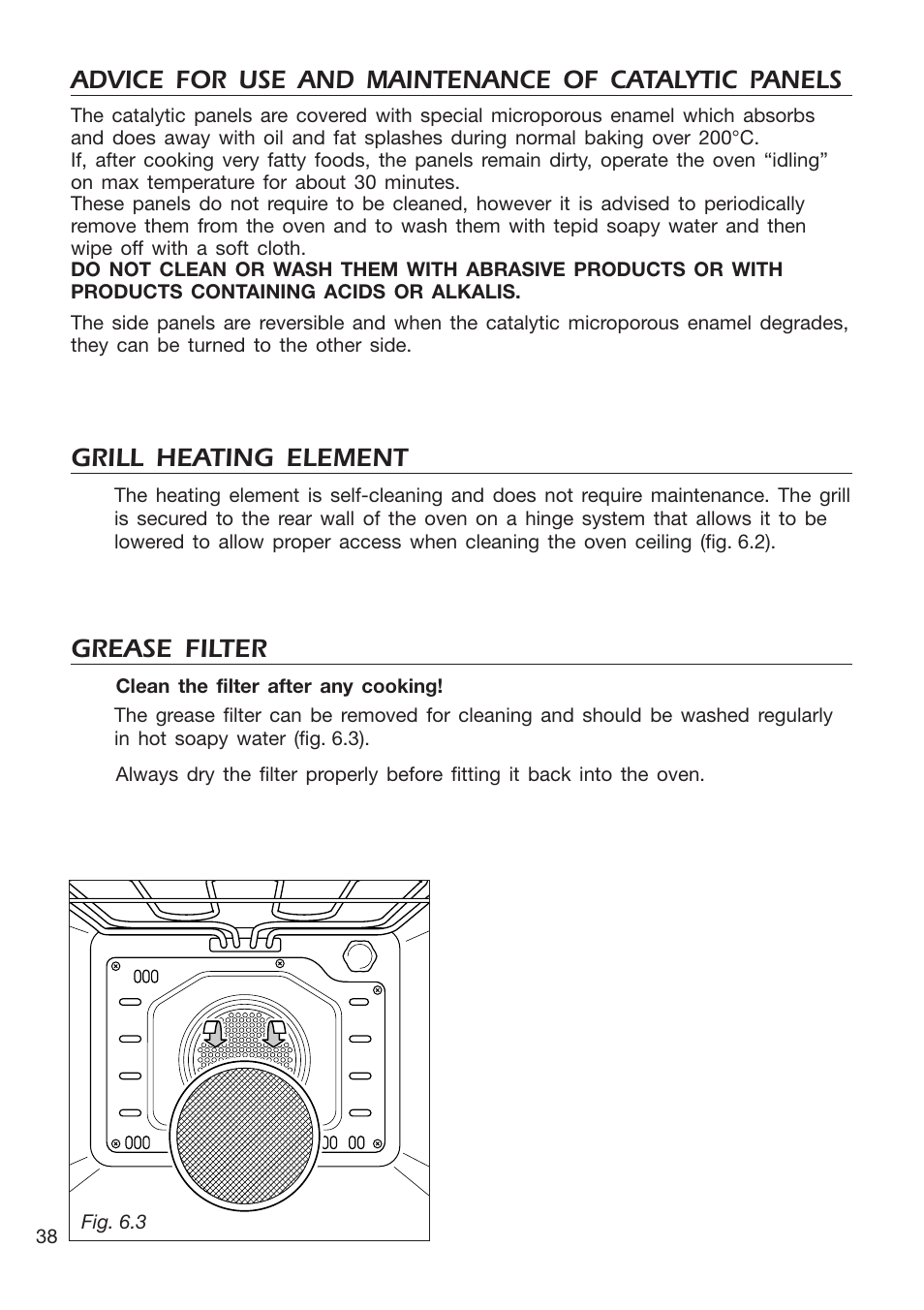 Advice for use and maintenance of catalytic panels, Grill heating element, Grease filter | DeLonghi EMFPS 60 B User Manual | Page 38 / 44