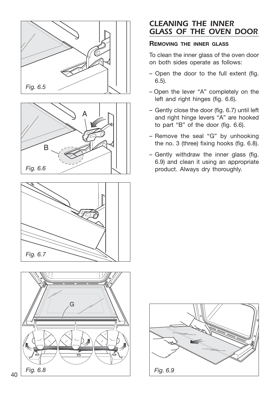 Cleaning the inner glass of the oven door | DeLonghi EMFPS 60 B User Manual | Page 40 / 44