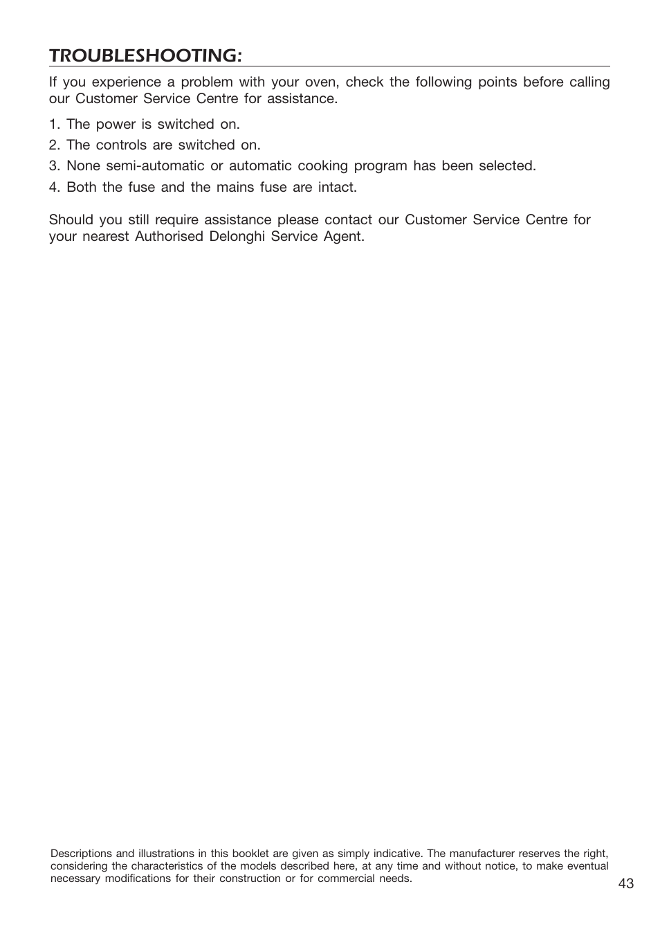 Troubleshooting | DeLonghi EMFPS 60 B User Manual | Page 43 / 44