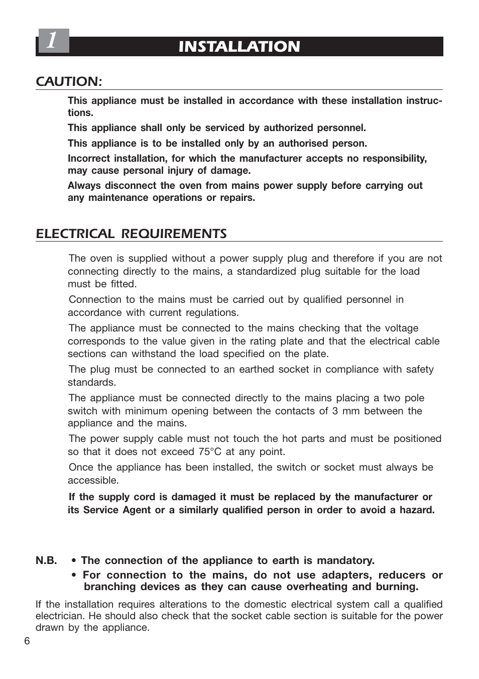 Installation, Caution, Electrical requirements | DeLonghi EMFPS 60 B User Manual | Page 6 / 44