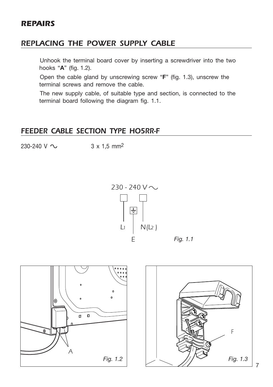 Repairs replacing the power supply cable | DeLonghi EMFPS 60 B User Manual | Page 7 / 44