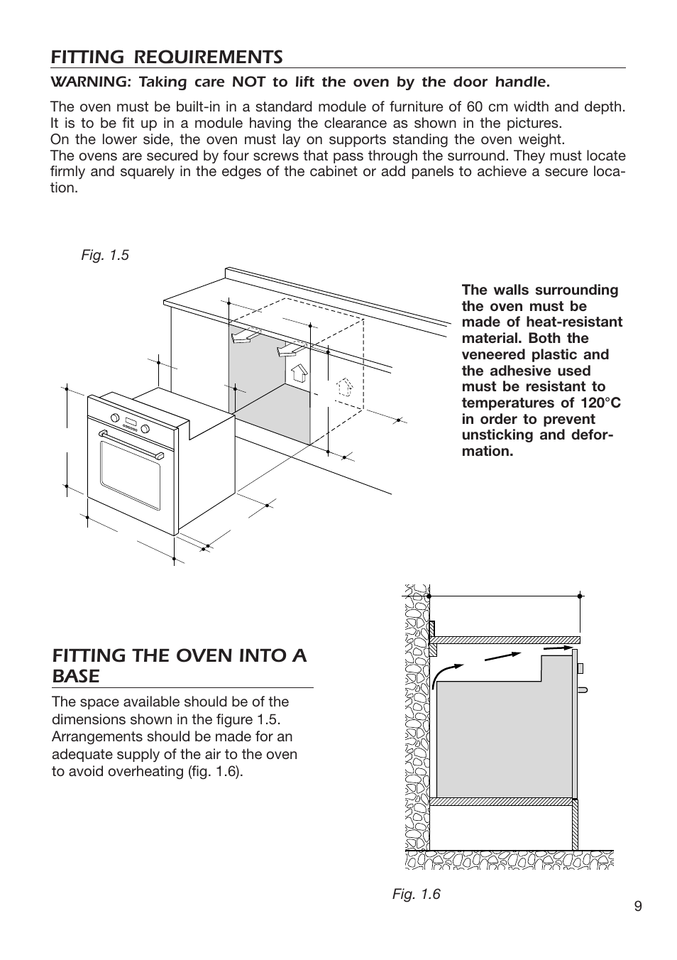 Fitting the oven into a base, Fitting requirements | DeLonghi EMFPS 60 B User Manual | Page 9 / 44