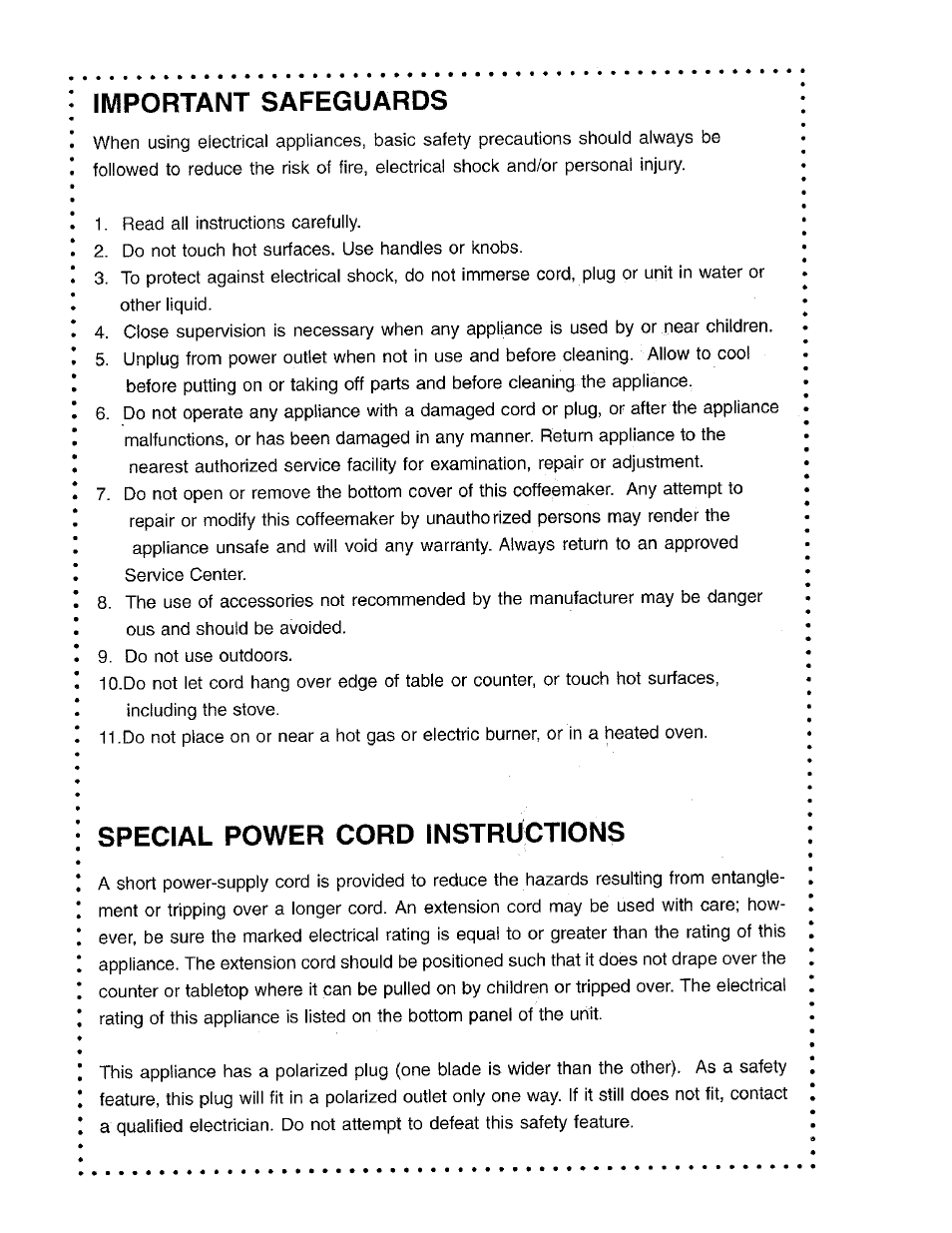 Important safeguards, Special power cord instructions | DeLonghi DP60 User Manual | Page 2 / 7