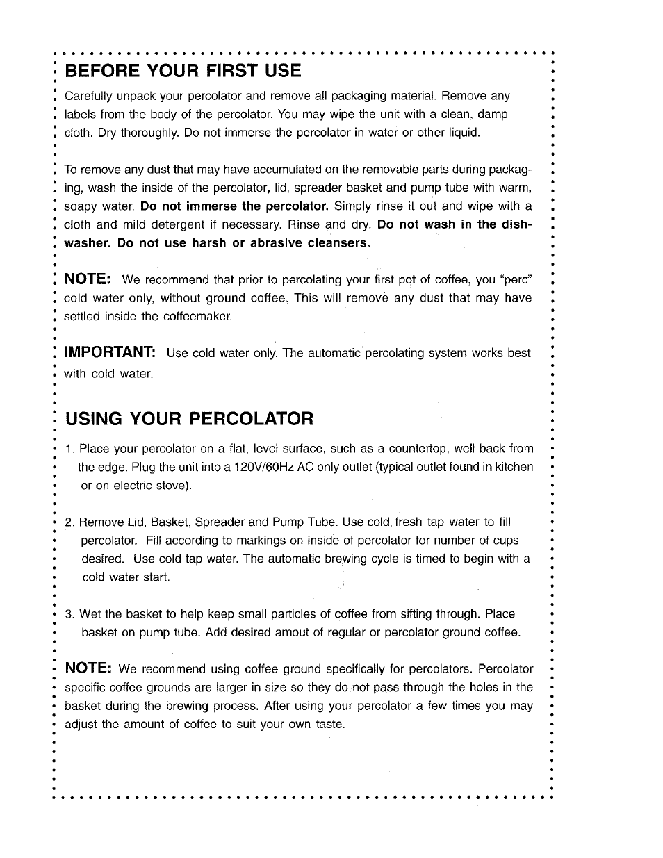 Before your first use, Using your percolator | DeLonghi DP60 User Manual | Page 4 / 7
