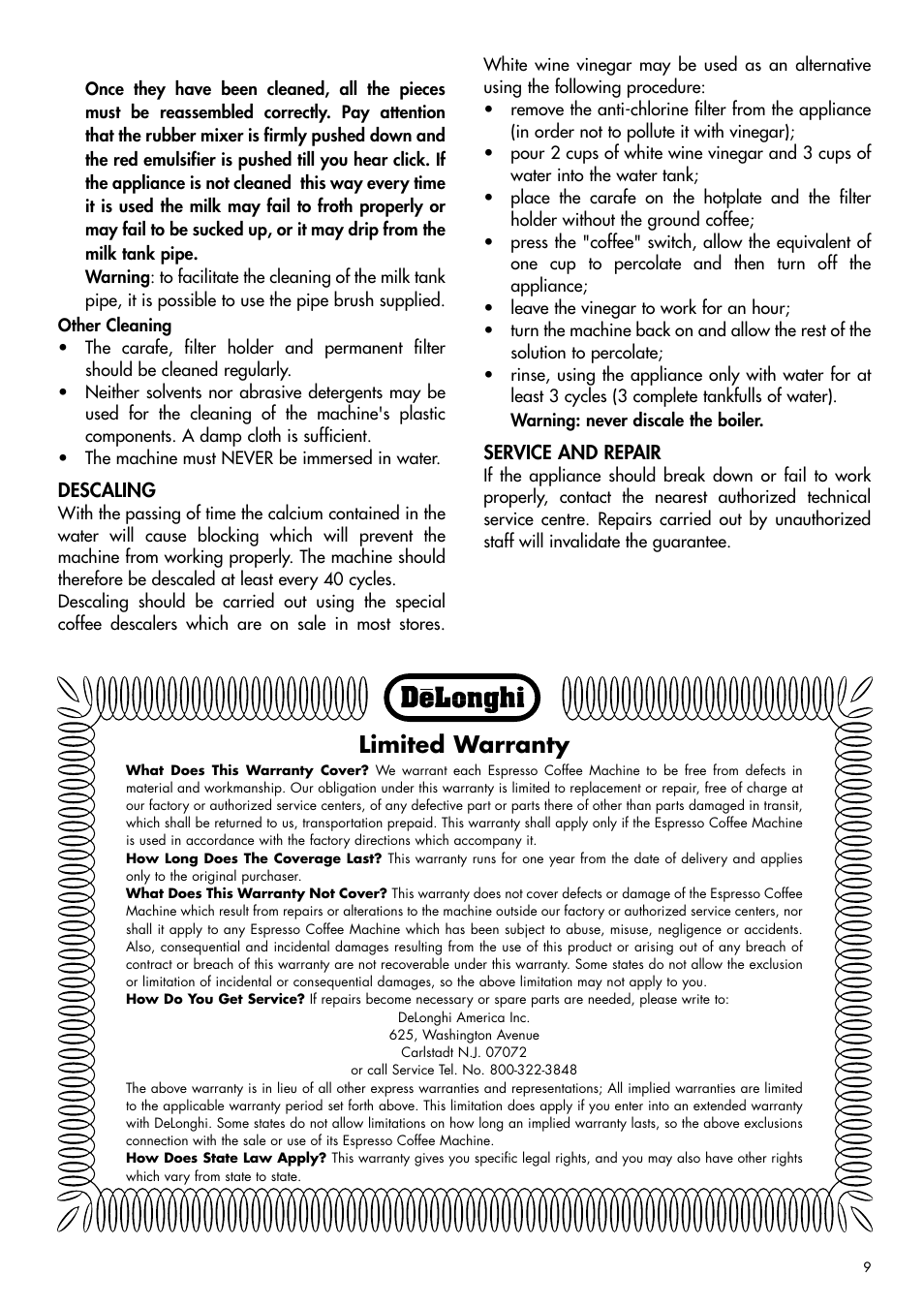 Limited warranty | DeLonghi CC80 User Manual | Page 9 / 9