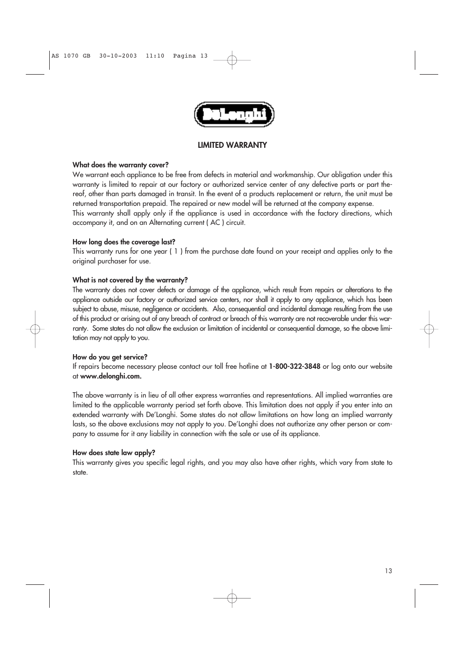 DeLonghi AS-1070 User Manual | Page 13 / 13
