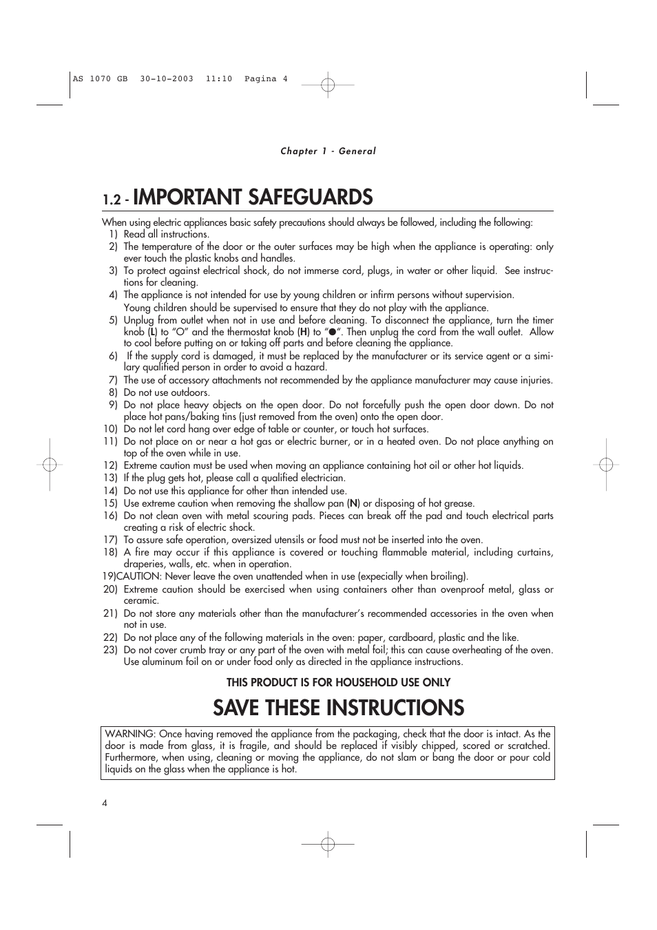 Save these instructions, Important safeguards | DeLonghi AS-1070 User Manual | Page 4 / 13