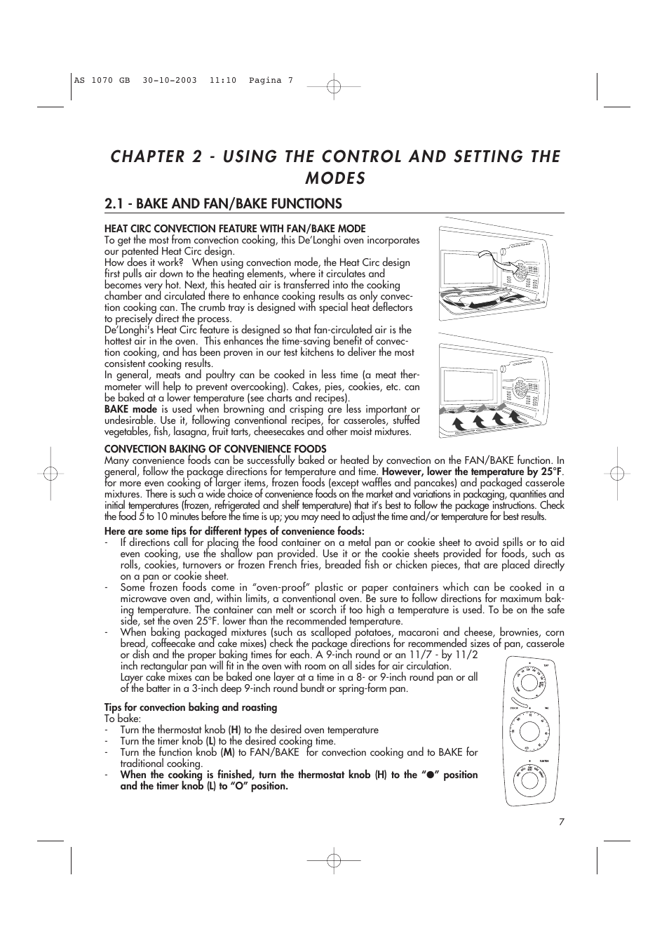 1 - bake and fan/bake functions | DeLonghi AS-1070 User Manual | Page 7 / 13
