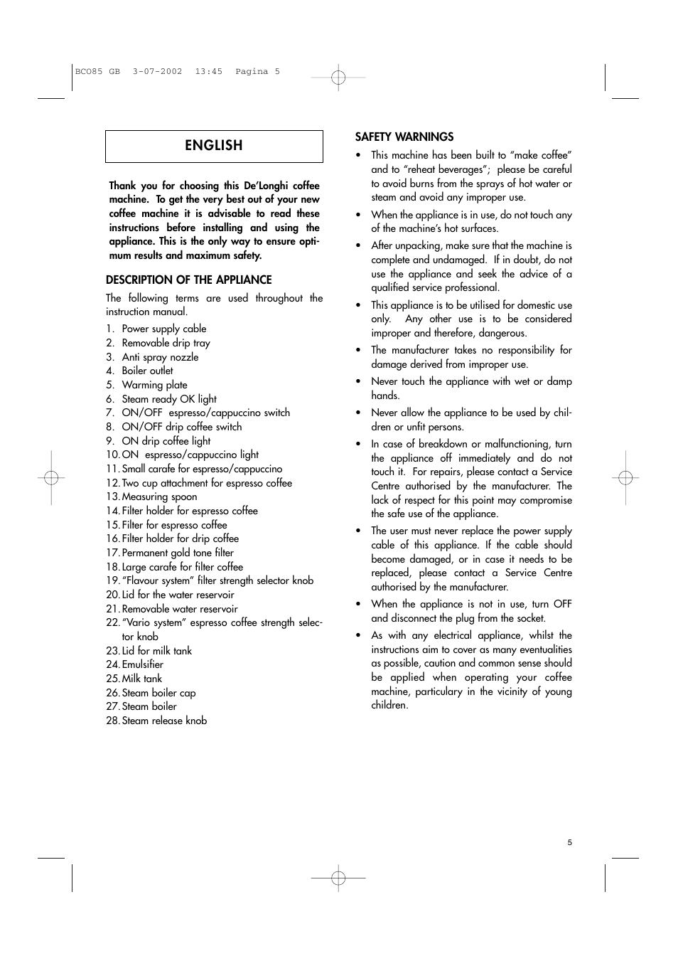 English | DeLonghi BCO85 GB User Manual | Page 5 / 11