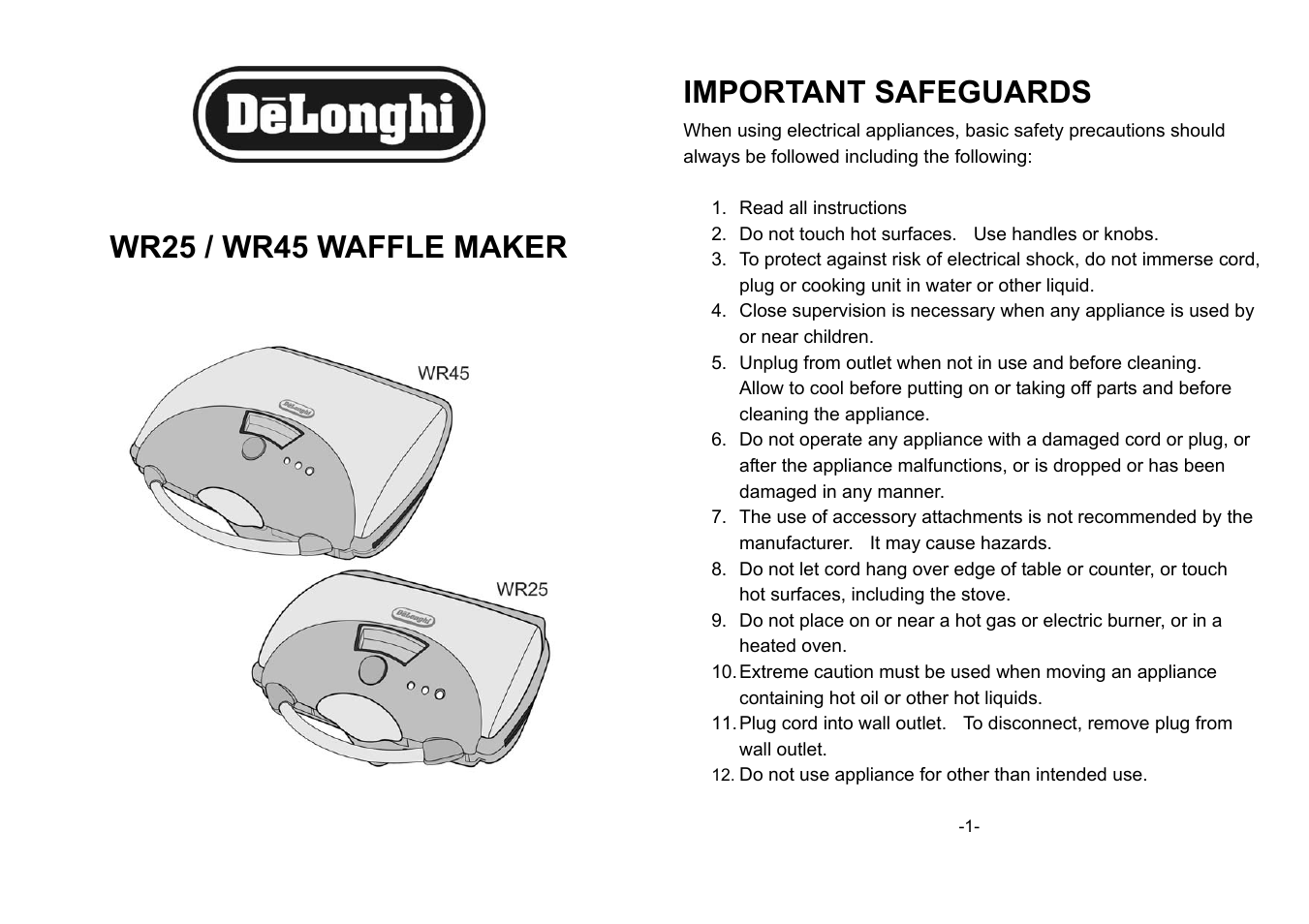 DeLonghi W25 User Manual | 5 pages