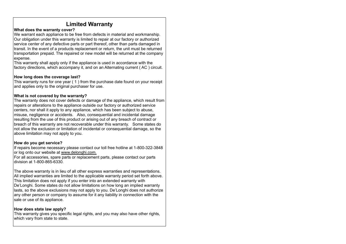 Limited warranty | DeLonghi W25 User Manual | Page 5 / 5