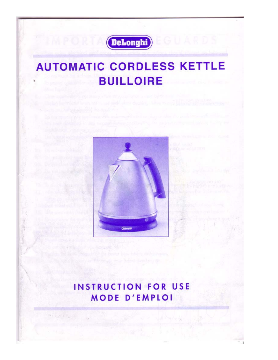 DeLonghi Cordless Kettle Builloire User Manual | 8 pages