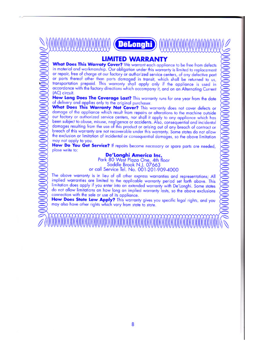 Limited warranty | DeLonghi Cordless Kettle Builloire User Manual | Page 8 / 8