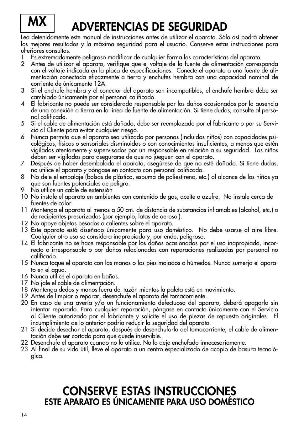 Advertencias de seguridad, Conserve estas instrucciones, Este aparato es únicamente para uso doméstico | DeLonghi GM6000 User Manual | Page 14 / 20