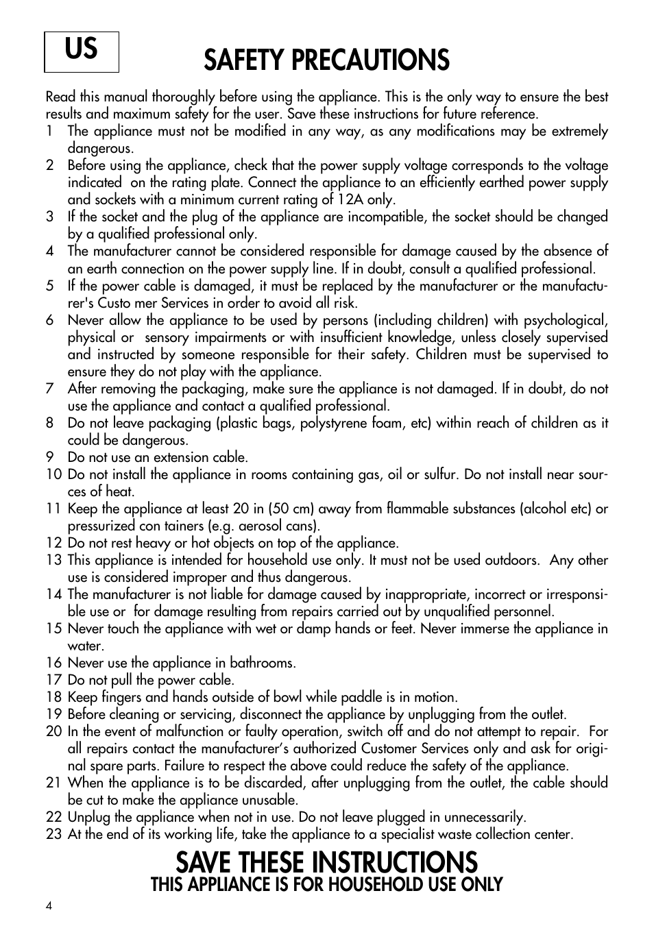 Safety precautions, Save these instructions, This appliance is for household use only | DeLonghi GM6000 User Manual | Page 4 / 20