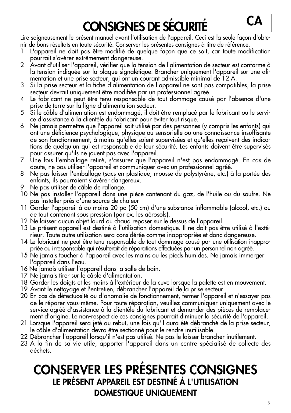 Consignes de sécurité, Conserver les présentes consignes | DeLonghi GM6000 User Manual | Page 9 / 20