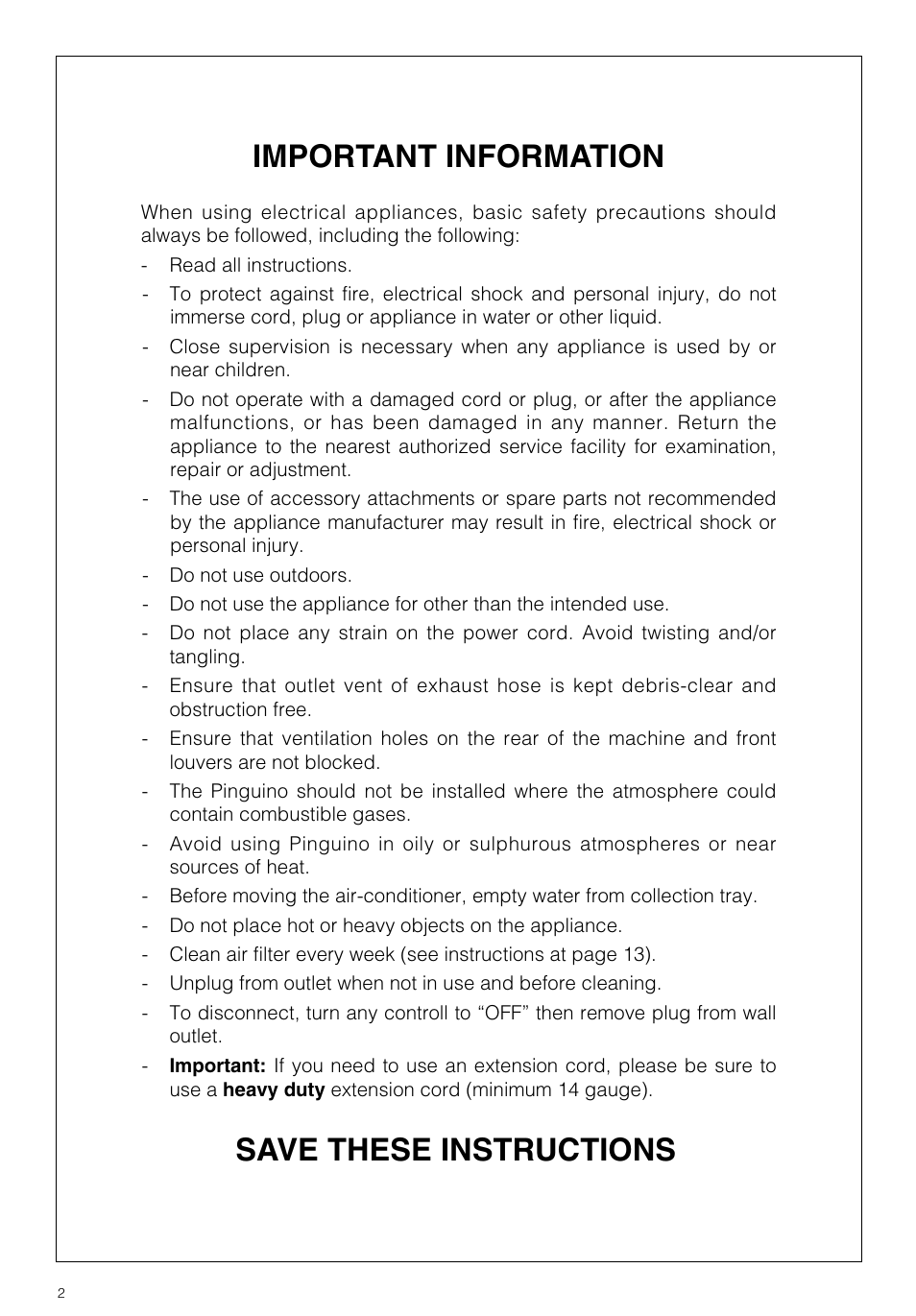 Important information, Save these instructions | DeLonghi PAC GSR/MU User Manual | Page 2 / 15