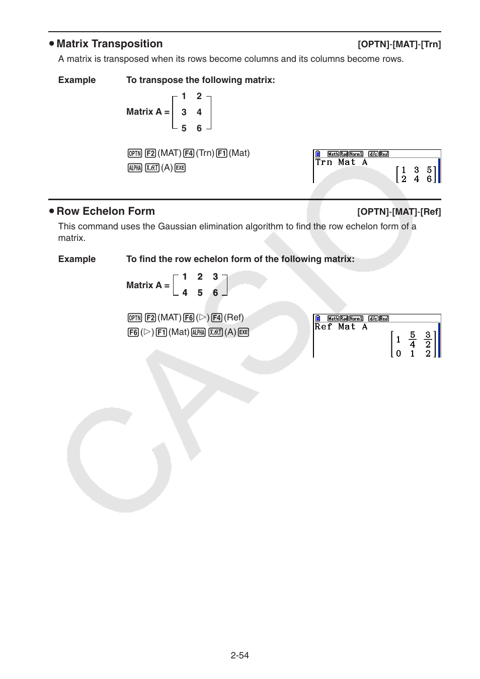 U matrix transposition, U row echelon form | Casio FX-CG10 User Manual | Page 100 / 601