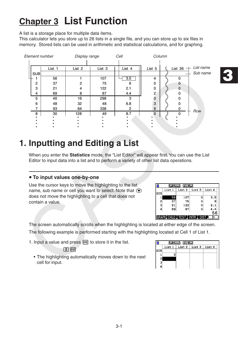 Chapter 3 list function, Inputting and editing a list, Inputting and editing a list -1 | List function, Chapter 3, U to input values one-by-one | Casio FX-CG10 User Manual | Page 108 / 601