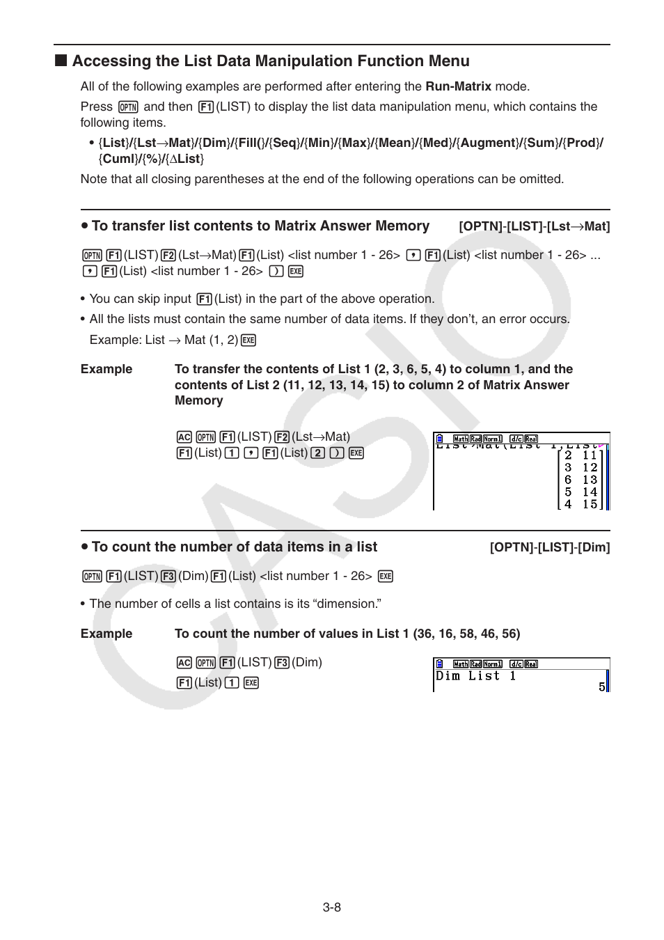 U to count the number of data items in a list | Casio FX-CG10 User Manual | Page 115 / 601