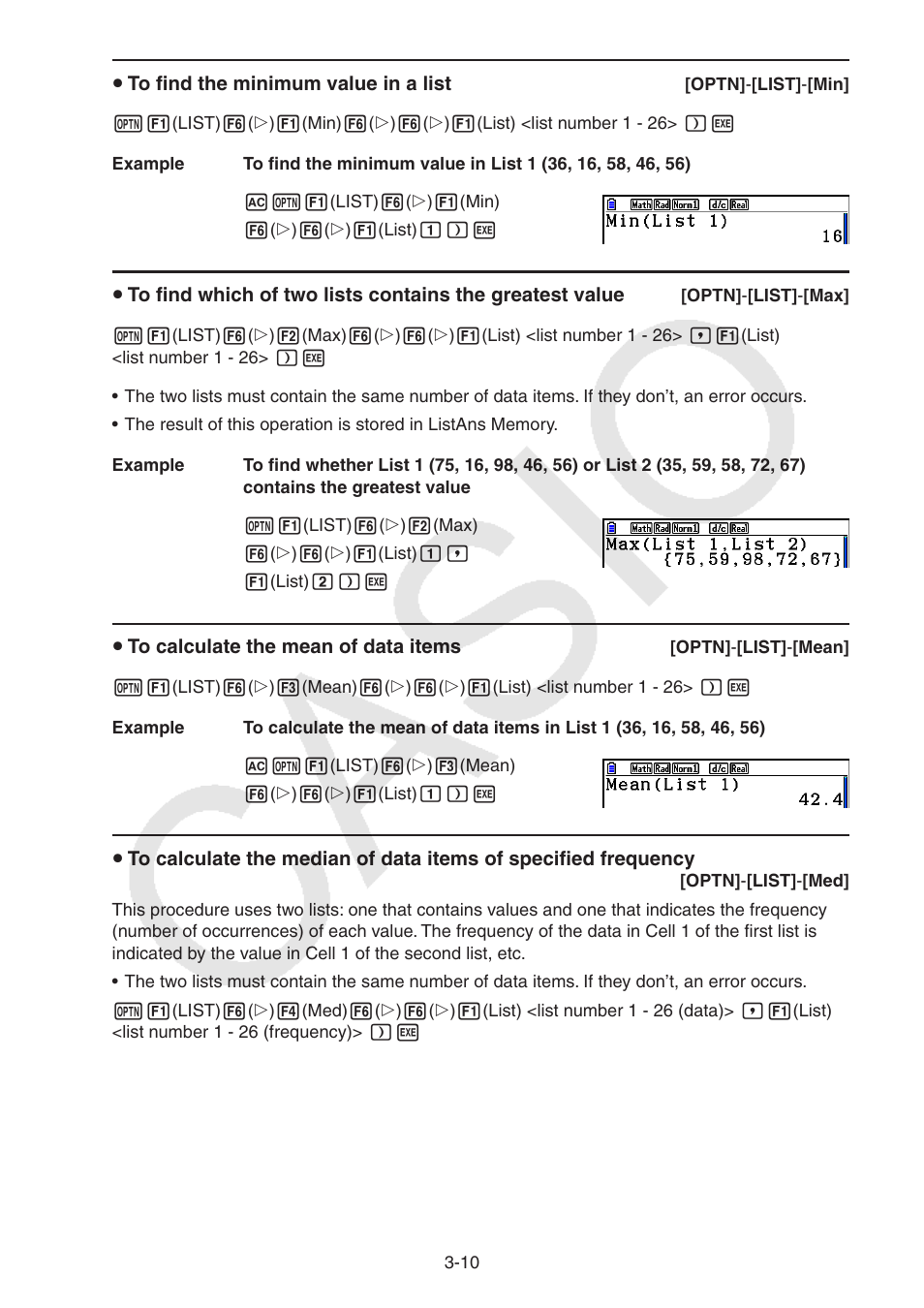 U to find the minimum value in a list, U to calculate the mean of data items | Casio FX-CG10 User Manual | Page 117 / 601