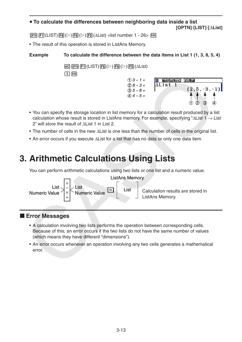 Arithmetic calculations using lists, Arithmetic calculations using lists -13, K error messages | Casio FX-CG10 User Manual | Page 120 / 601