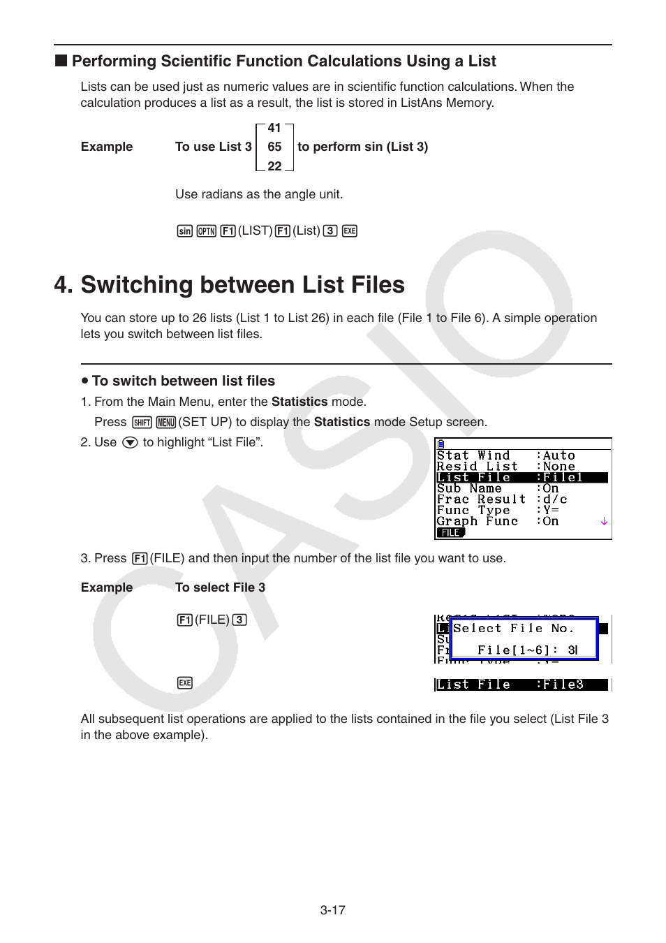 Switching between list files, Switching between list files -17 | Casio FX-CG10 User Manual | Page 124 / 601