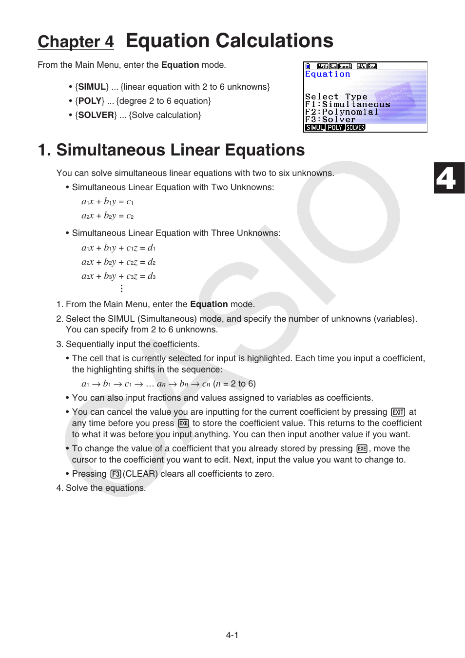 Chapter 4 equation calculations, Simultaneous linear equations, Simultaneous | Linear, Equations, Equation calculations, Chapter 4 | Casio FX-CG10 User Manual | Page 128 / 601