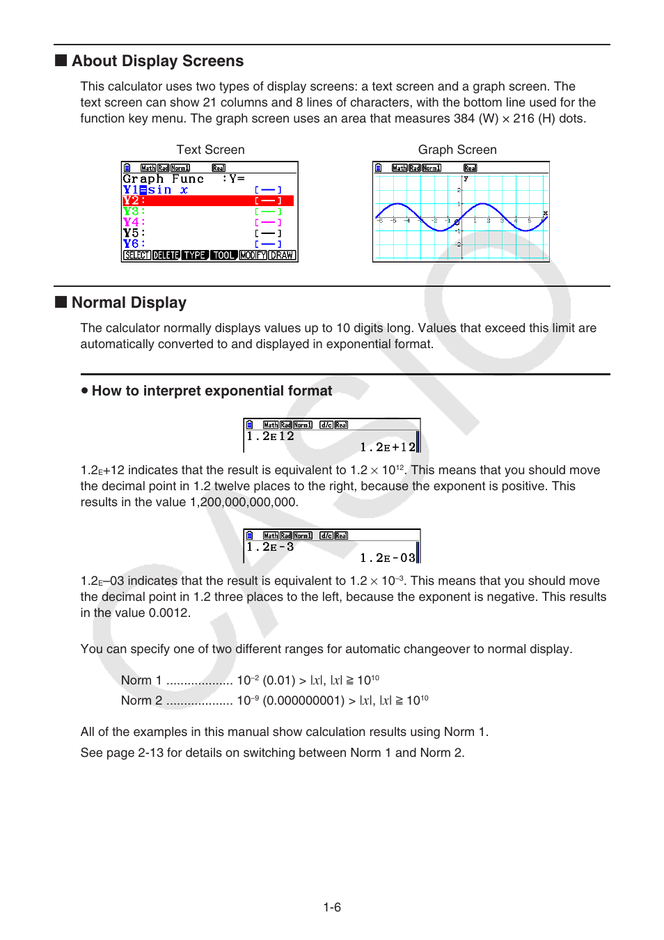 K about display screens, K normal display, U how to interpret exponential format | Casio FX-CG10 User Manual | Page 13 / 601